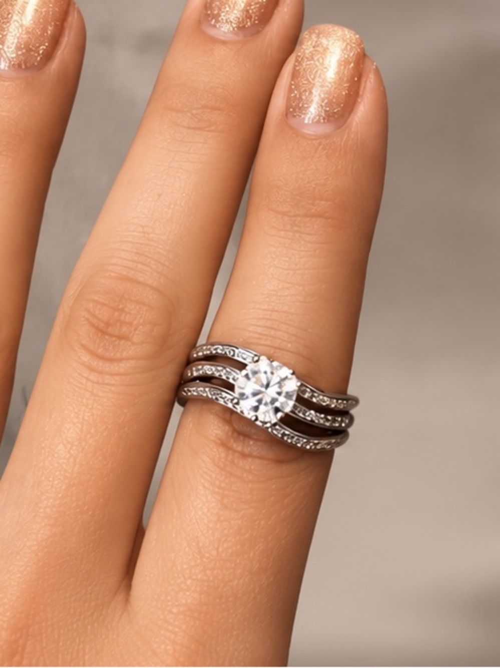 1 Ct Moissanite Solitaire Ring Set | Multi-Band Wedding Stack